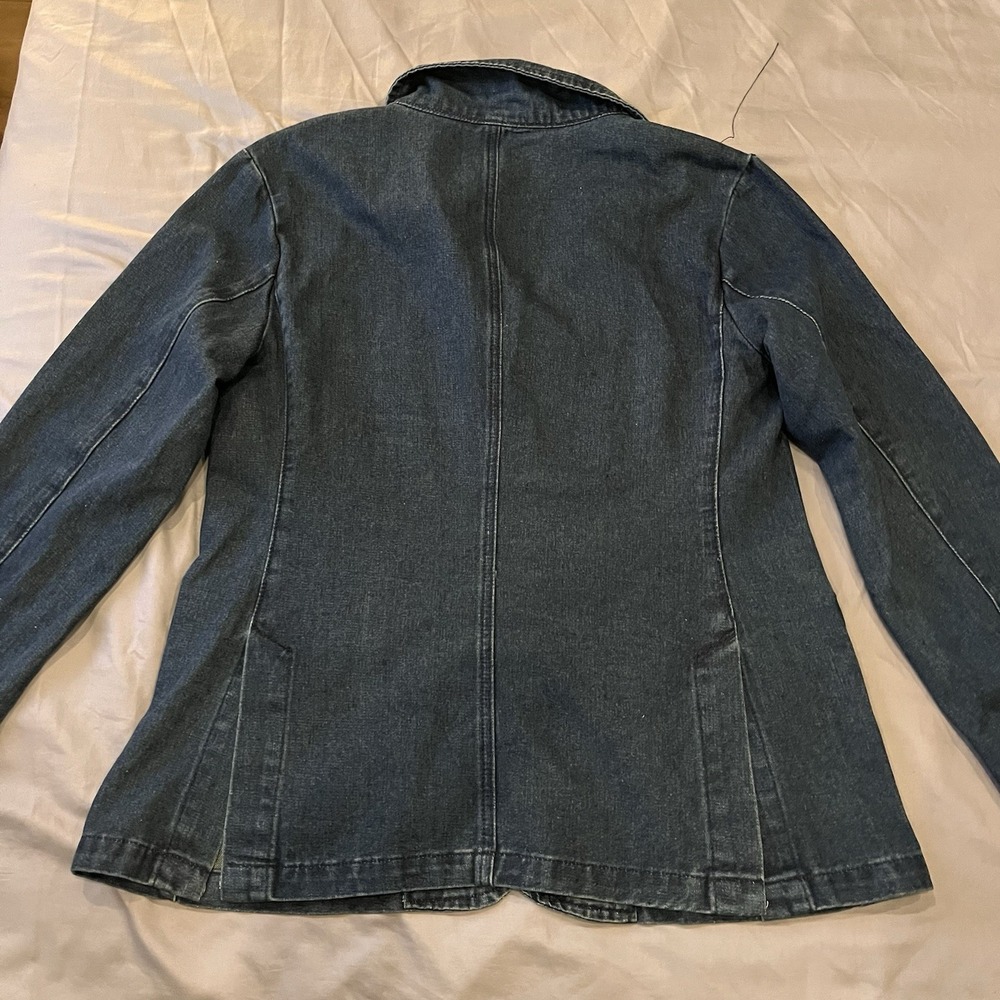 Denim Blazer Jacket Tailored Chore Coat Patch Pockets L 40 100 Cotton Y2K Style - Picture 10 of 11